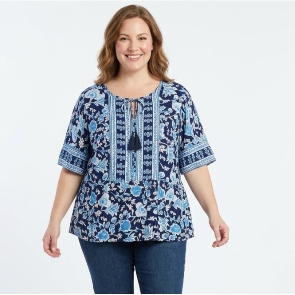Lane Bryant size 26 Black Blue Floral Tie Front Ultra Soft‎ Rayon Boho Blouse
